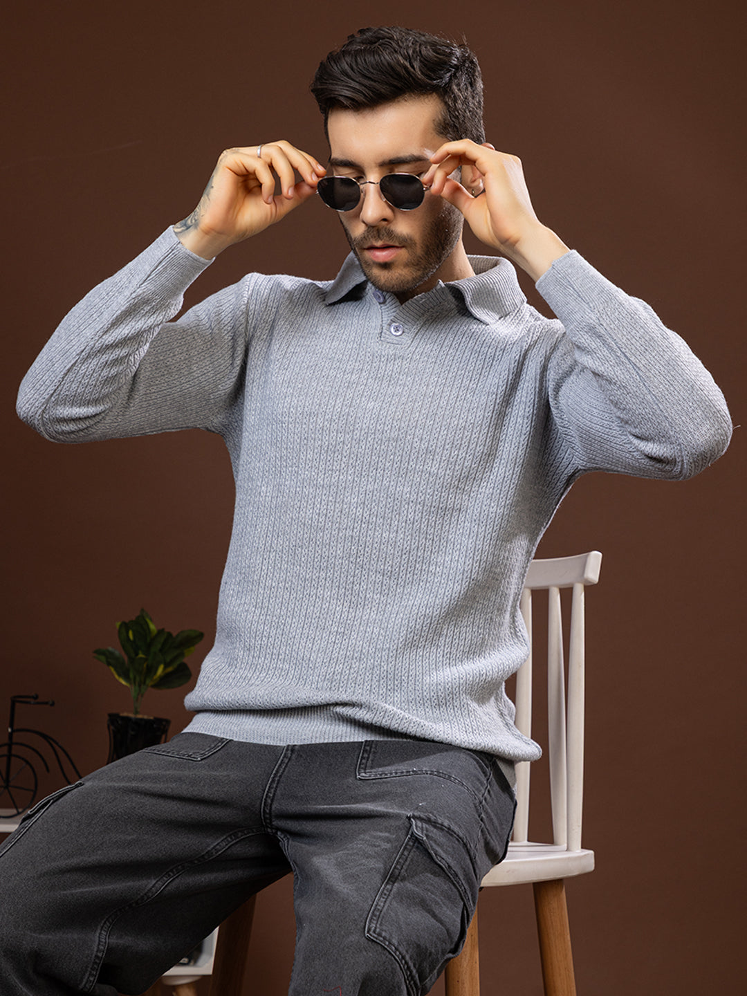 TYSORT Men’s Knitted Polo Sweater Casual Full Sleeve Pullover Sweater with Button Collar.