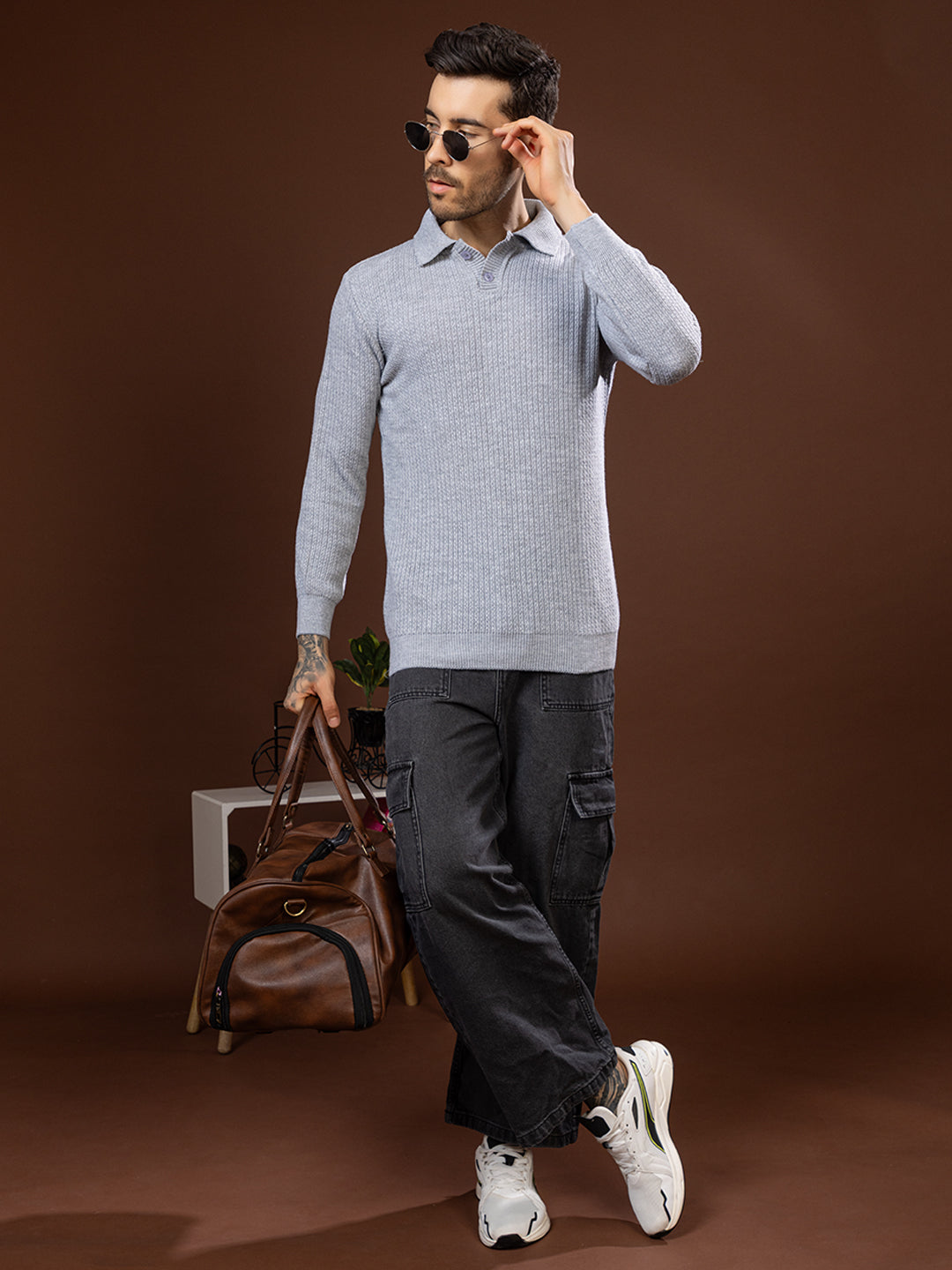 TYSORT Men’s Knitted Polo Sweater Casual Full Sleeve Pullover Sweater with Button Collar.