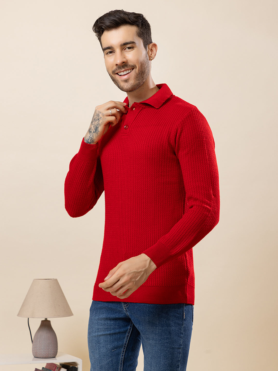 TYSORT Men’s Knitted Polo Sweater Casual Full Sleeve Pullover Sweater with Button Collar.