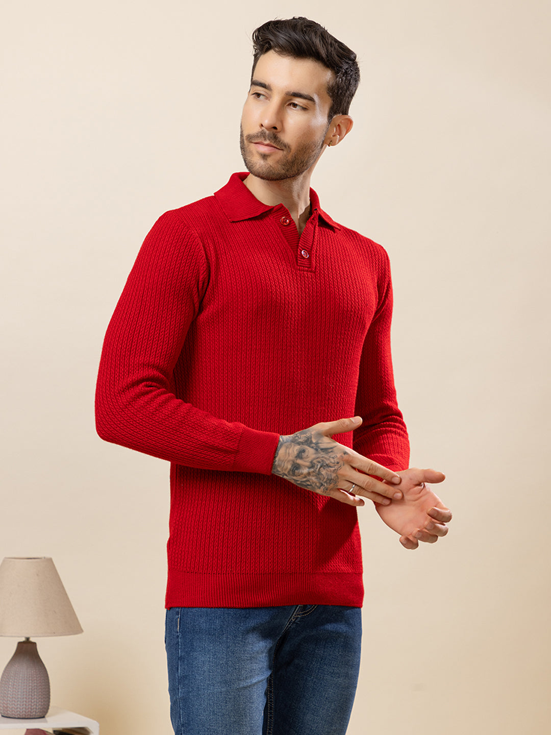 TYSORT Men’s Knitted Polo Sweater Casual Full Sleeve Pullover Sweater with Button Collar.