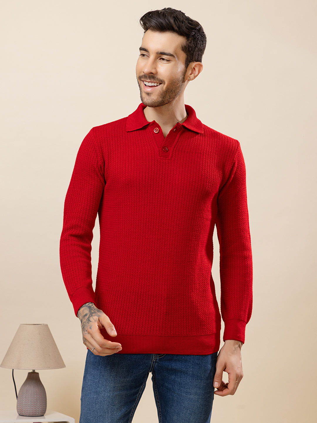 TYSORT Men’s Knitted Polo Sweater Casual Full Sleeve Pullover Sweater with Button Collar.