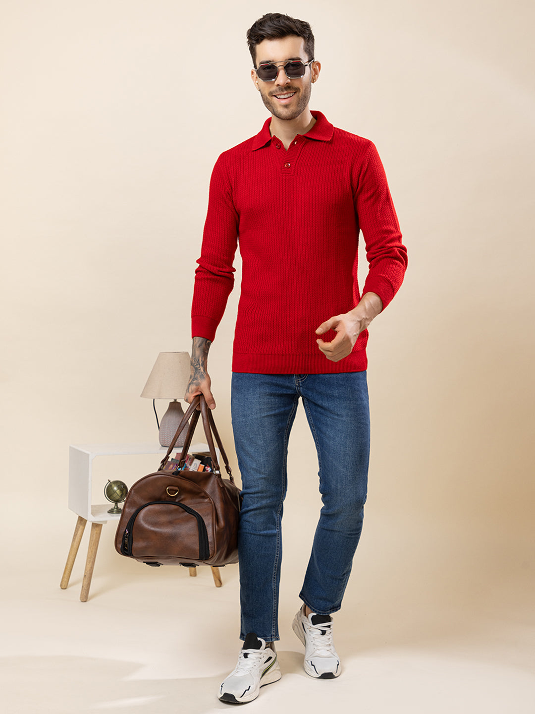 TYSORT Men’s Knitted Polo Sweater Casual Full Sleeve Pullover Sweater with Button Collar.