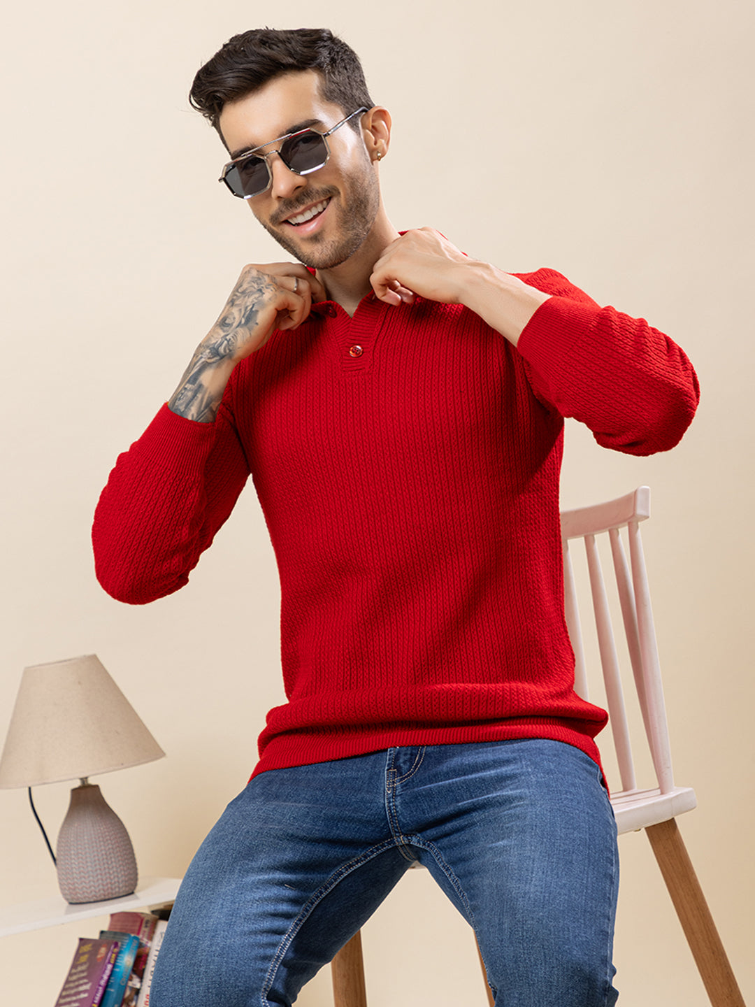 TYSORT Men’s Knitted Polo Sweater Casual Full Sleeve Pullover Sweater with Button Collar.