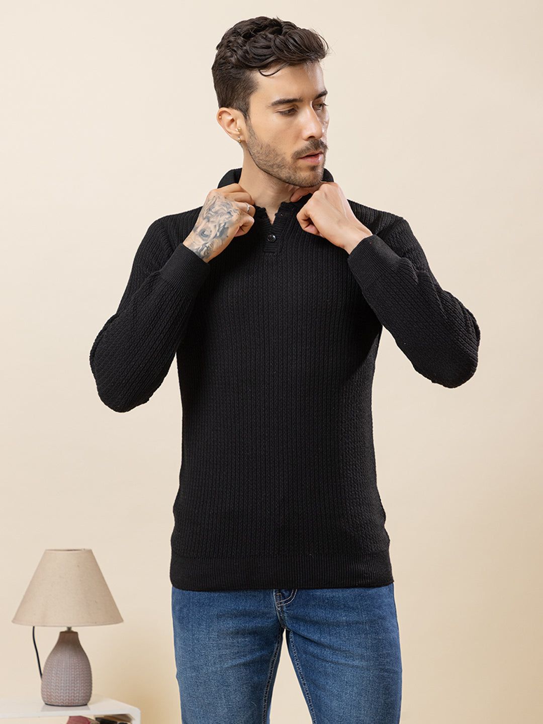 TYSORT Men’s Knitted Polo Sweater Casual Full Sleeve Pullover Sweater with Button Collar.