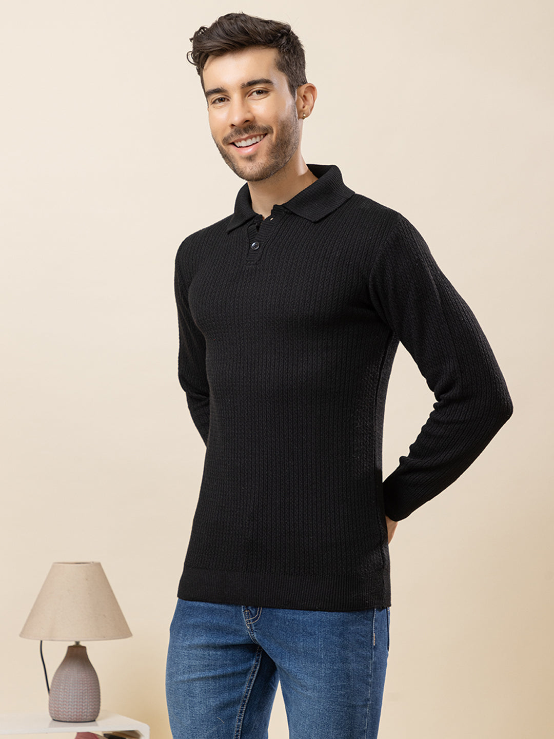 TYSORT Men’s Knitted Polo Sweater Casual Full Sleeve Pullover Sweater with Button Collar.