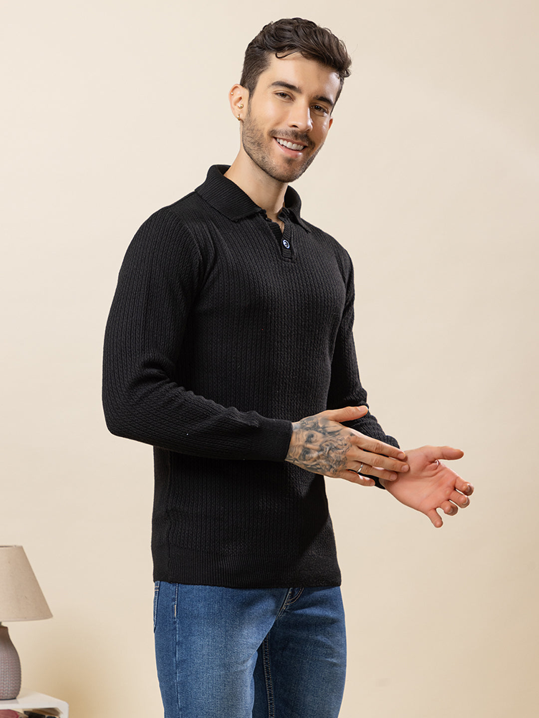 TYSORT Men’s Knitted Polo Sweater Casual Full Sleeve Pullover Sweater with Button Collar.