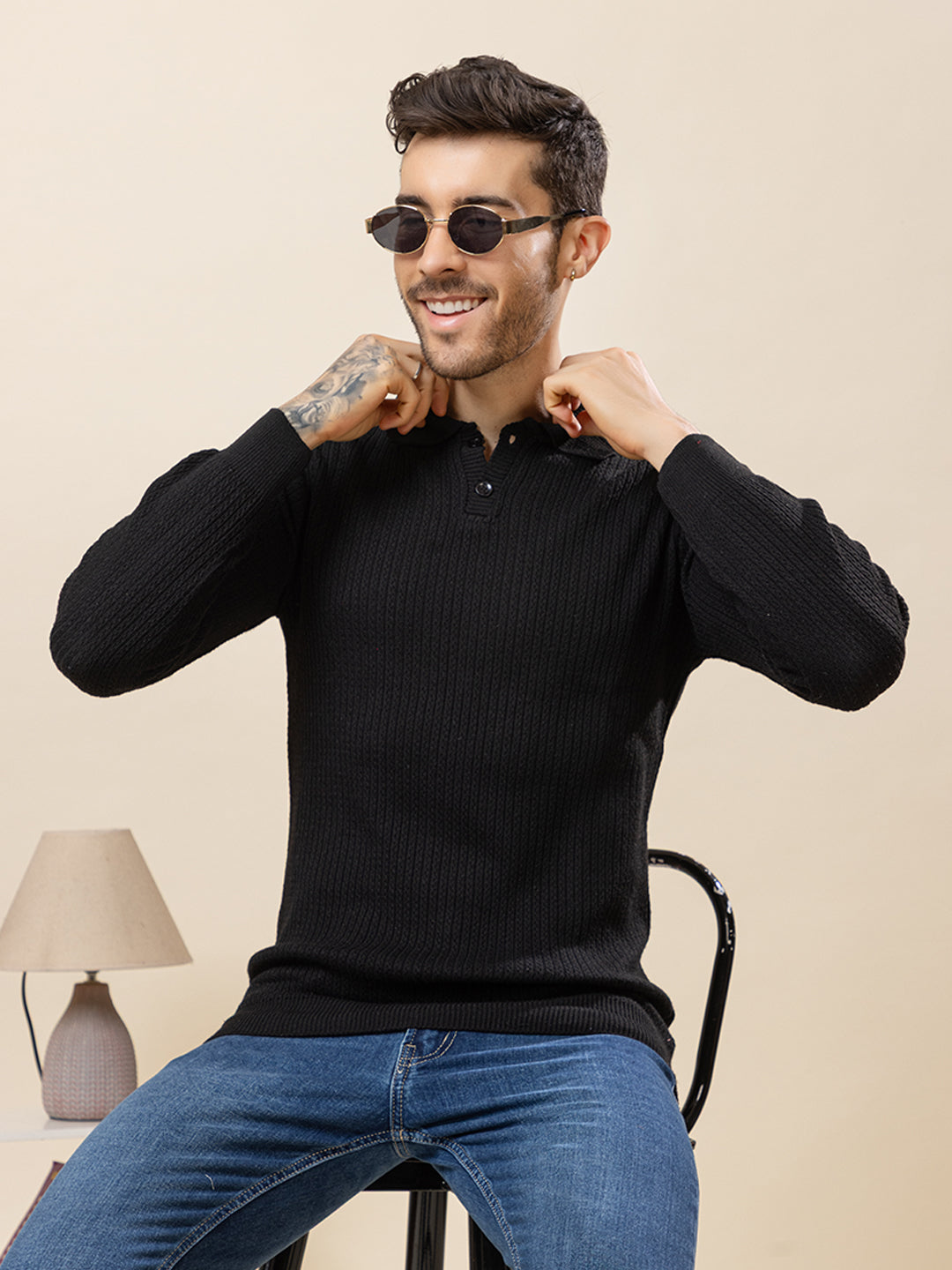TYSORT Men’s Knitted Polo Sweater Casual Full Sleeve Pullover Sweater with Button Collar.