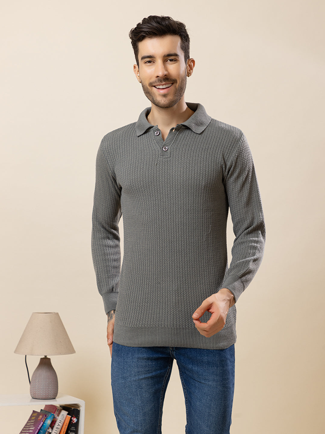 TYSORT Men’s Knitted Polo Sweater Casual Full Sleeve Pullover Sweater with Button Collar.