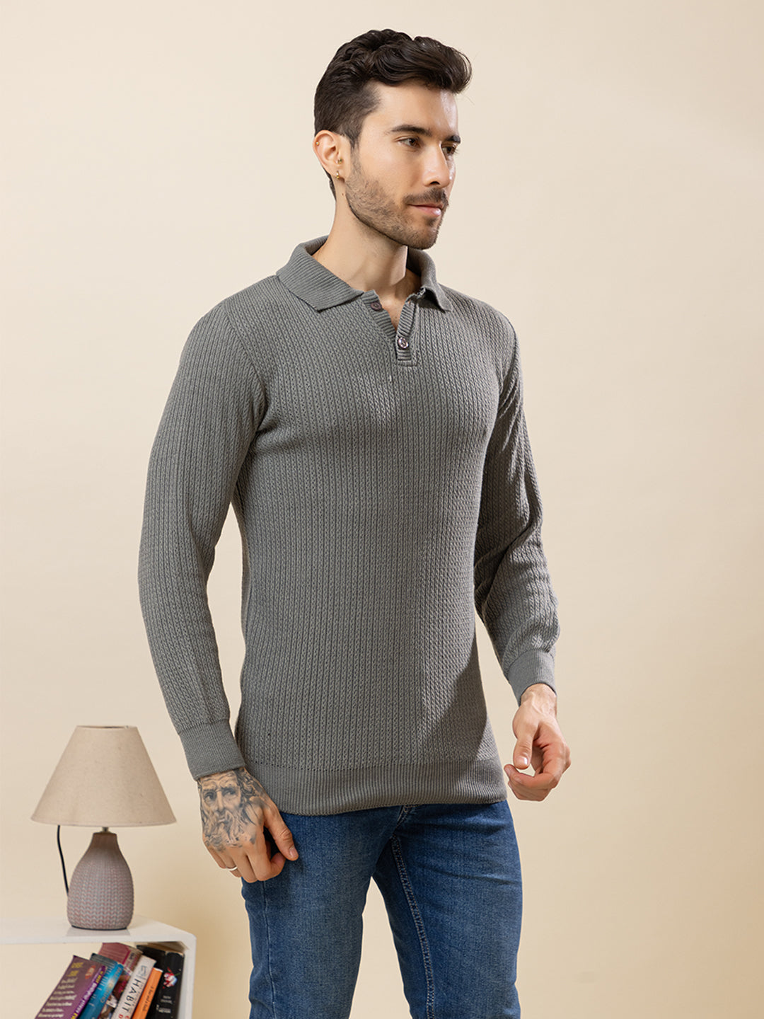 TYSORT Men’s Knitted Polo Sweater Casual Full Sleeve Pullover Sweater with Button Collar.