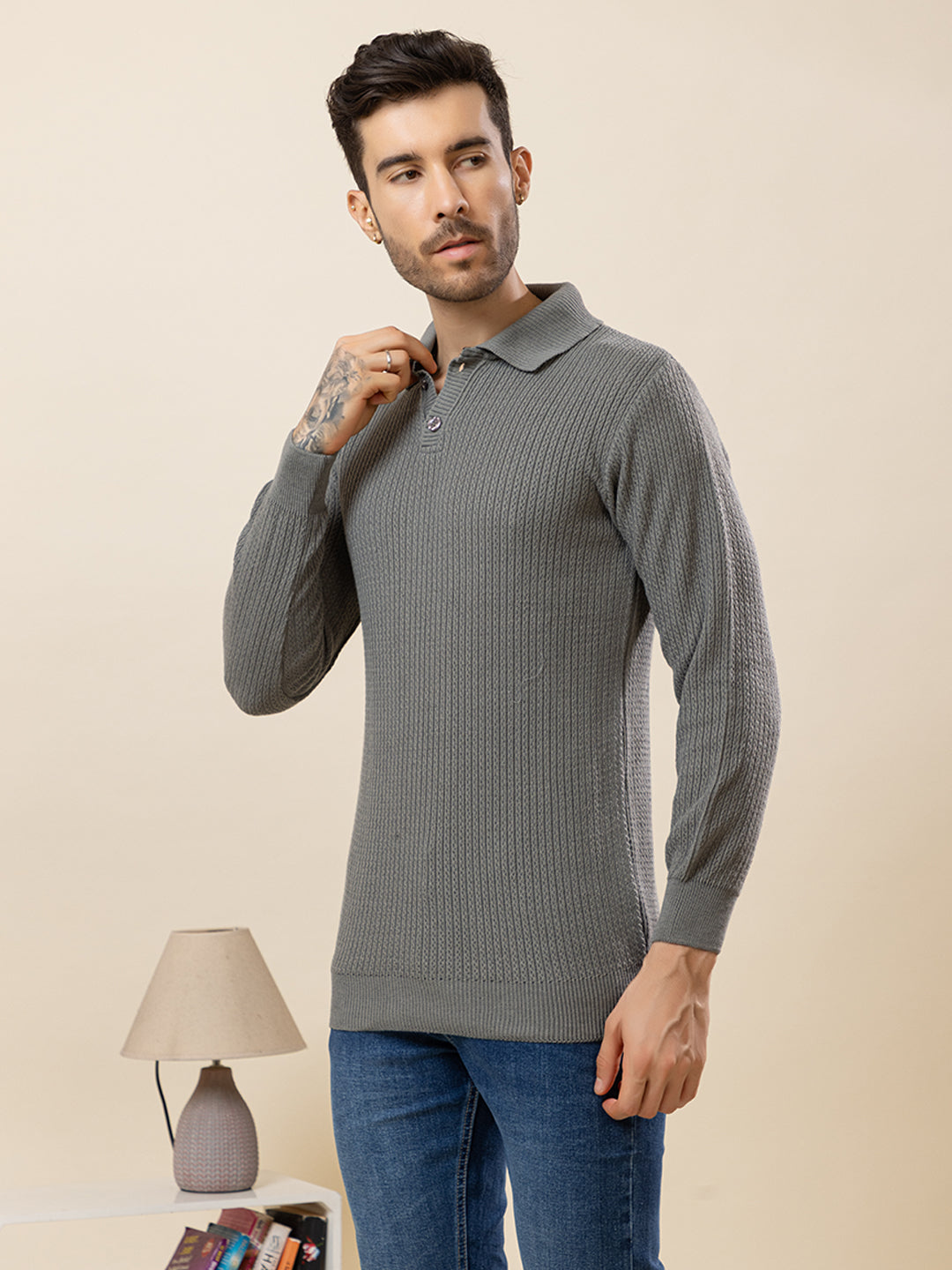 TYSORT Men’s Knitted Polo Sweater Casual Full Sleeve Pullover Sweater with Button Collar.