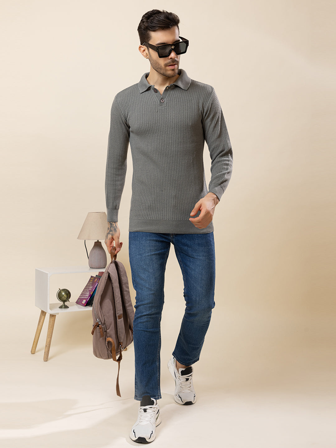 TYSORT Men’s Knitted Polo Sweater Casual Full Sleeve Pullover Sweater with Button Collar.