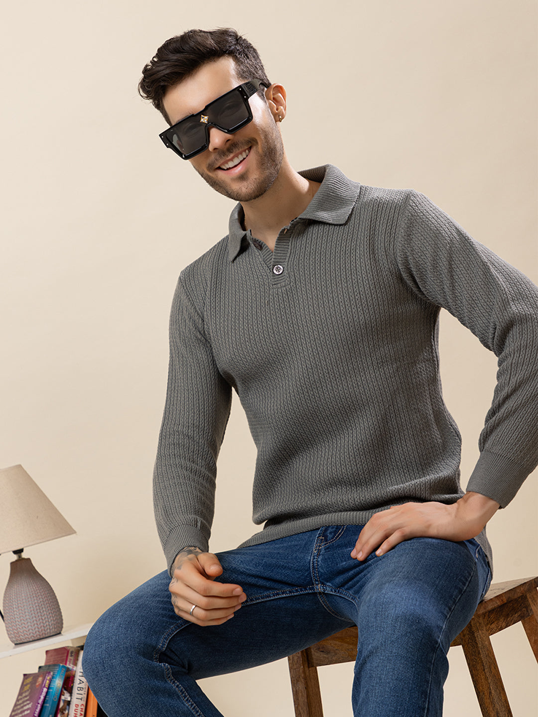 TYSORT Men’s Knitted Polo Sweater Casual Full Sleeve Pullover Sweater with Button Collar.