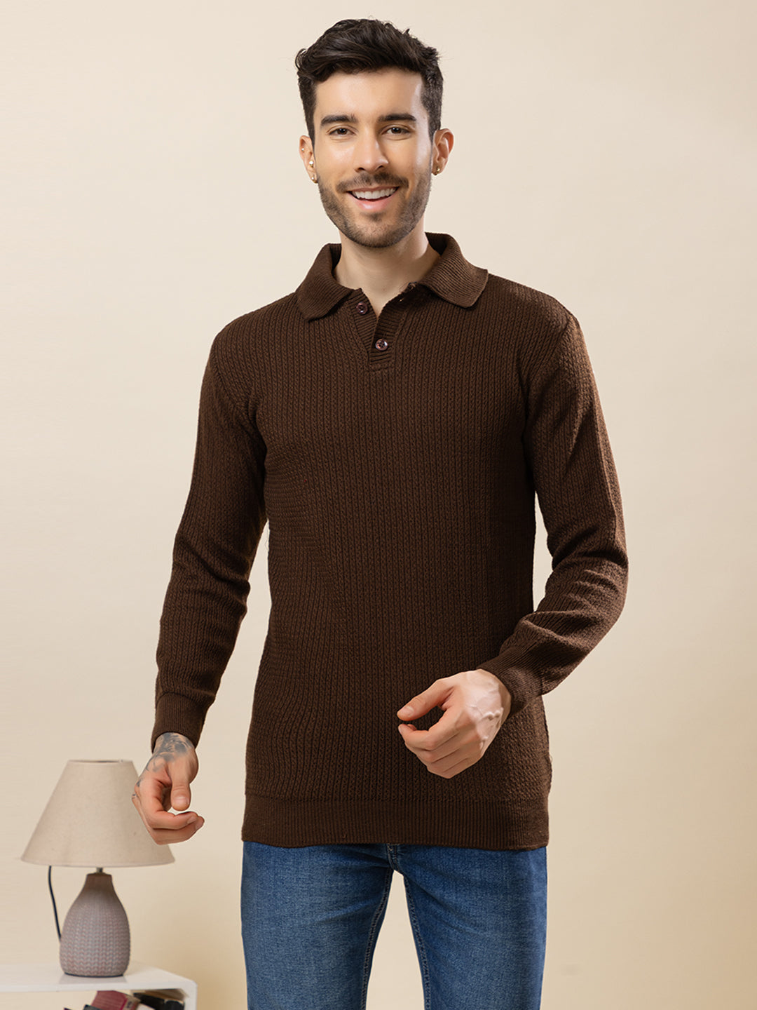TYSORT Men’s Knitted Polo Sweater Casual Full Sleeve Pullover Sweater with Button Collar.
