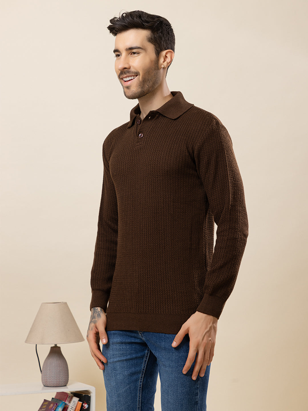 TYSORT Men’s Knitted Polo Sweater Casual Full Sleeve Pullover Sweater with Button Collar.