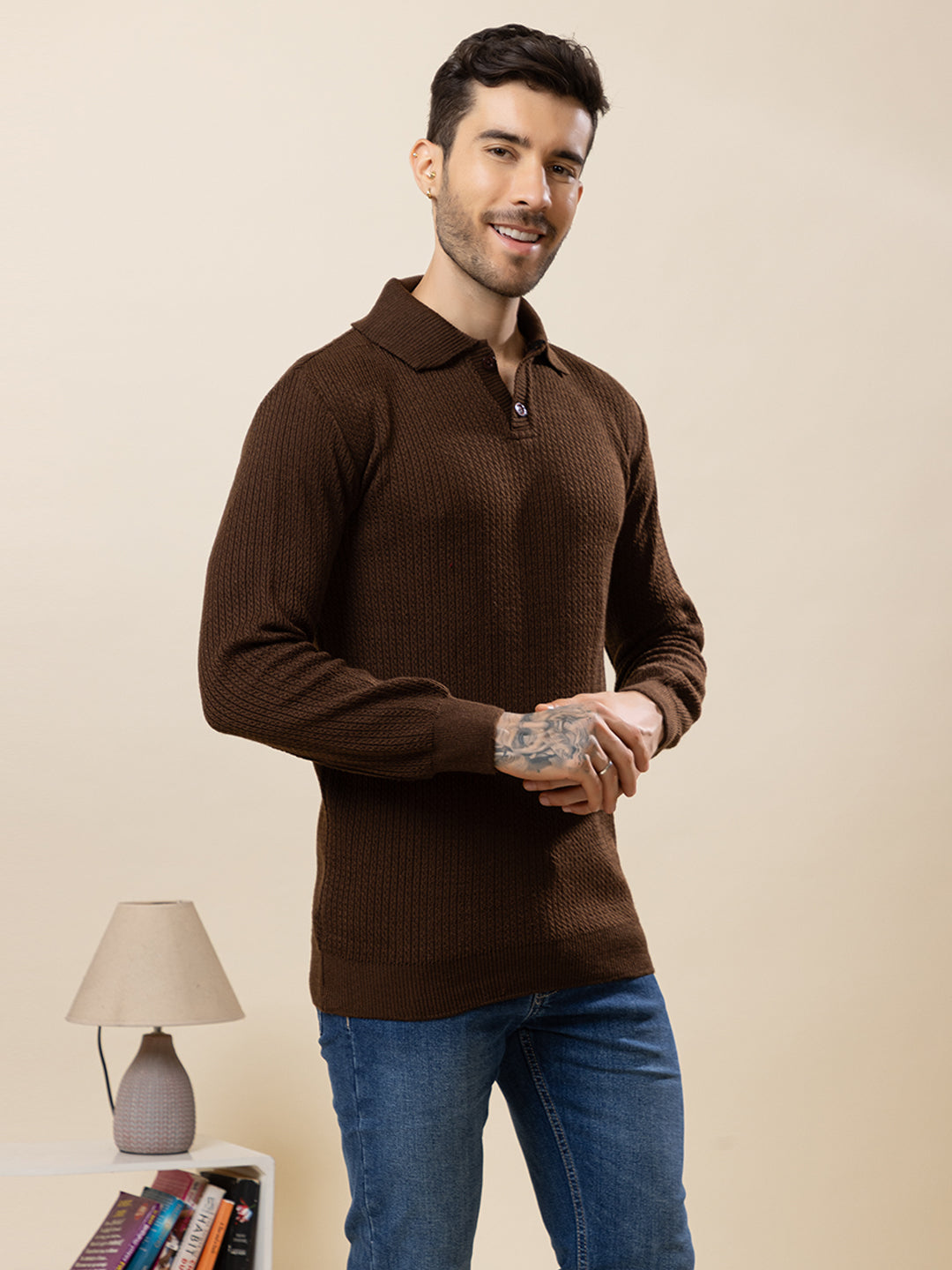 TYSORT Men’s Knitted Polo Sweater Casual Full Sleeve Pullover Sweater with Button Collar.