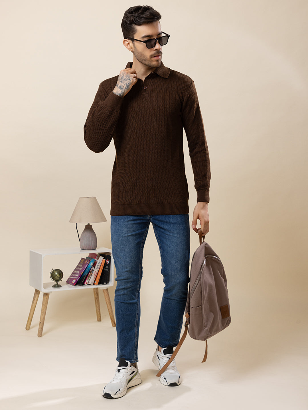 TYSORT Men’s Knitted Polo Sweater Casual Full Sleeve Pullover Sweater with Button Collar.