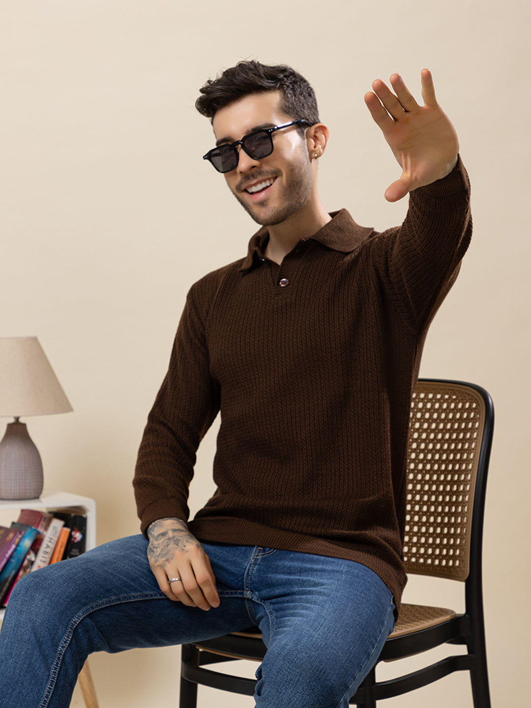 TYSORT Men’s Knitted Polo Sweater Casual Full Sleeve Pullover Sweater with Button Collar.