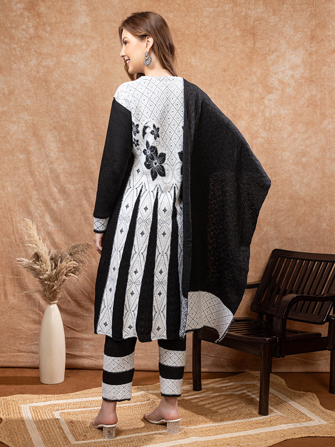 TYSORT Winter Woolen Anarkali Kurta Palazzo and Stole Set for Women