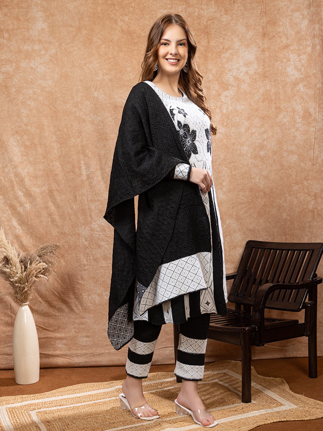 TYSORT Winter Woolen Anarkali Kurta Palazzo and Stole Set for Women