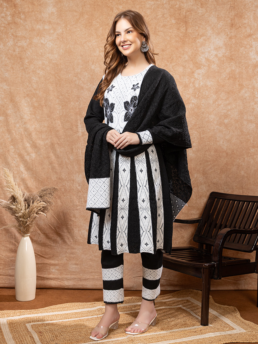 TYSORT Winter Woolen Anarkali Kurta Palazzo and Stole Set for Women