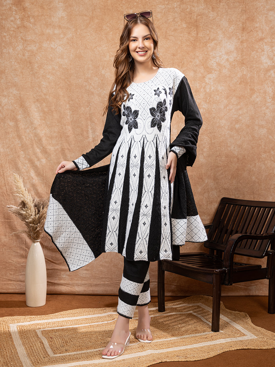 TYSORT Winter Woolen Anarkali Kurta Palazzo and Stole Set for Women