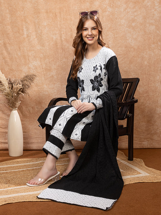 TYSORT Winter Woolen Anarkali Kurta Palazzo and Stole Set for Women
