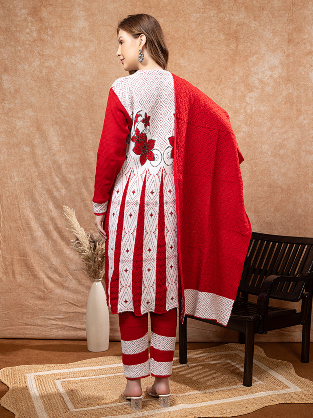 TYSORT Winter Woolen Anarkali Kurta Palazzo and Stole Set for Women