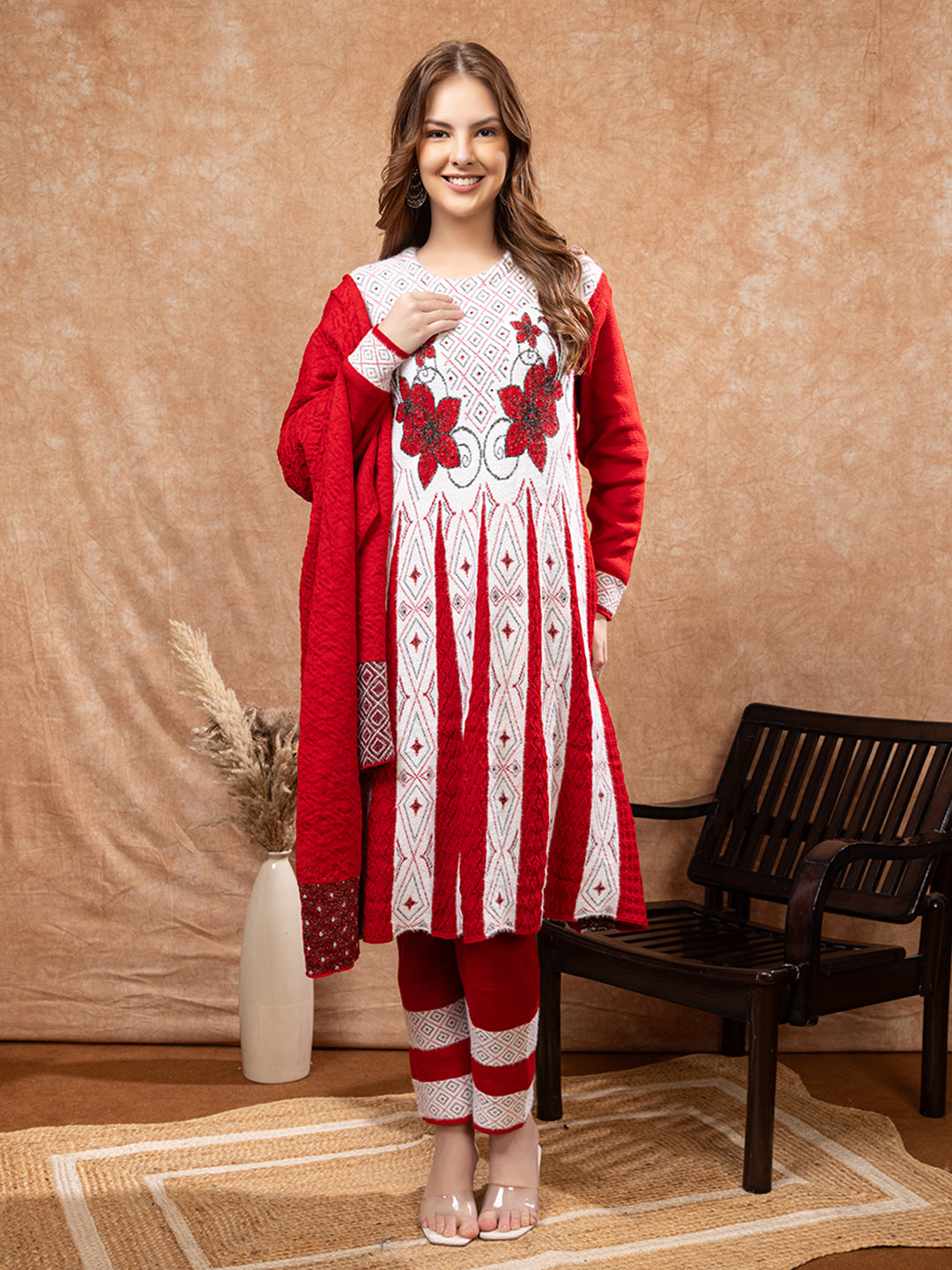TYSORT Winter Woolen Anarkali Kurta Palazzo and Stole Set for Women
