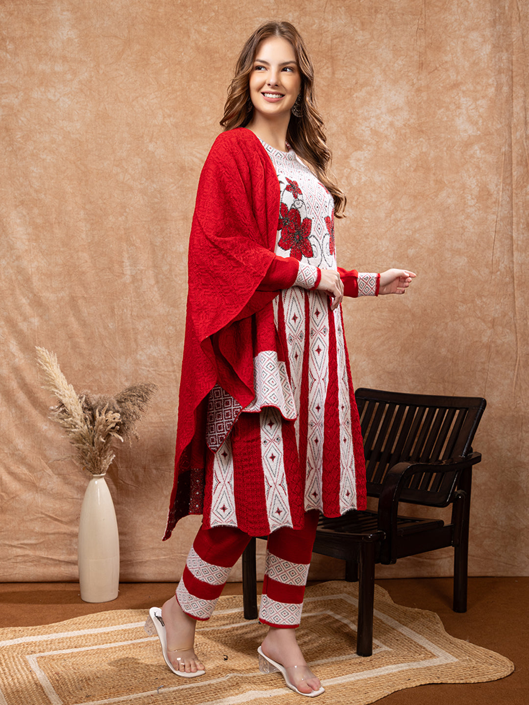 TYSORT Winter Woolen Anarkali Kurta Palazzo and Stole Set for Women