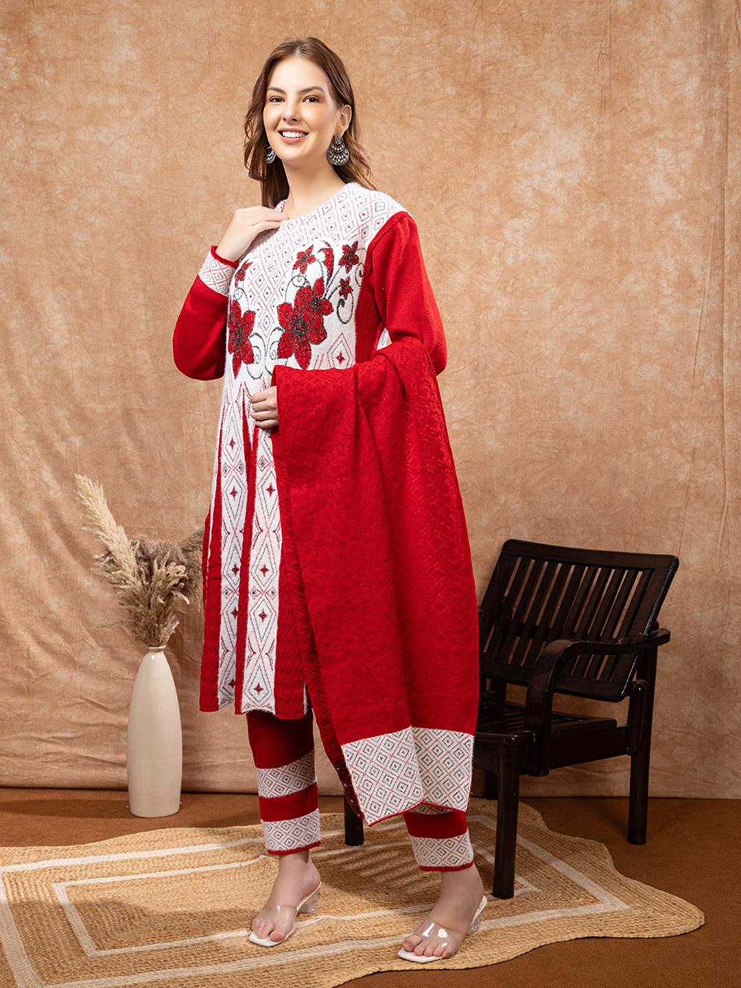 TYSORT Winter Woolen Anarkali Kurta Palazzo and Stole Set for Women