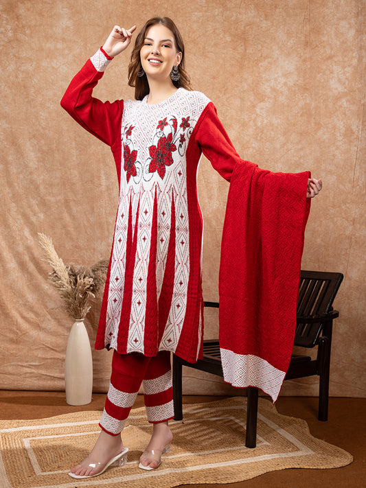 TYSORT Winter Woolen Anarkali Kurta Palazzo and Stole Set for Women