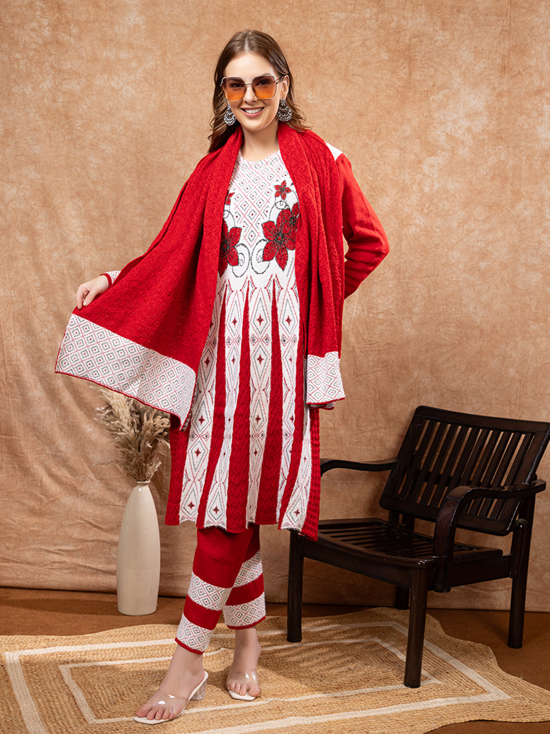 TYSORT Winter Woolen Anarkali Kurta Palazzo and Stole Set for Women