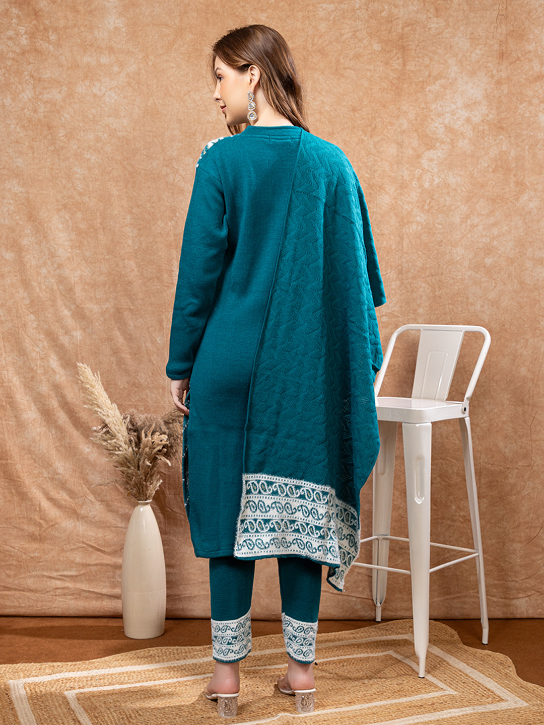 TYSORT Winter Woolen Anarkali Kurta Palazzo and Stole Set for Women
