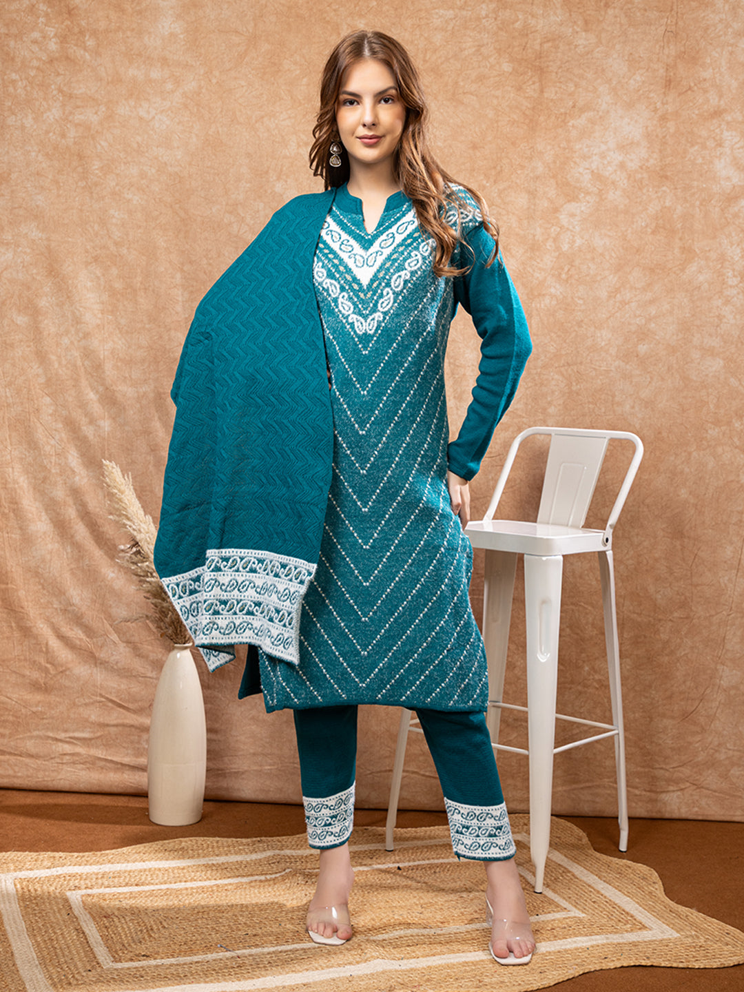 TYSORT Winter Woolen Anarkali Kurta Palazzo and Stole Set for Women