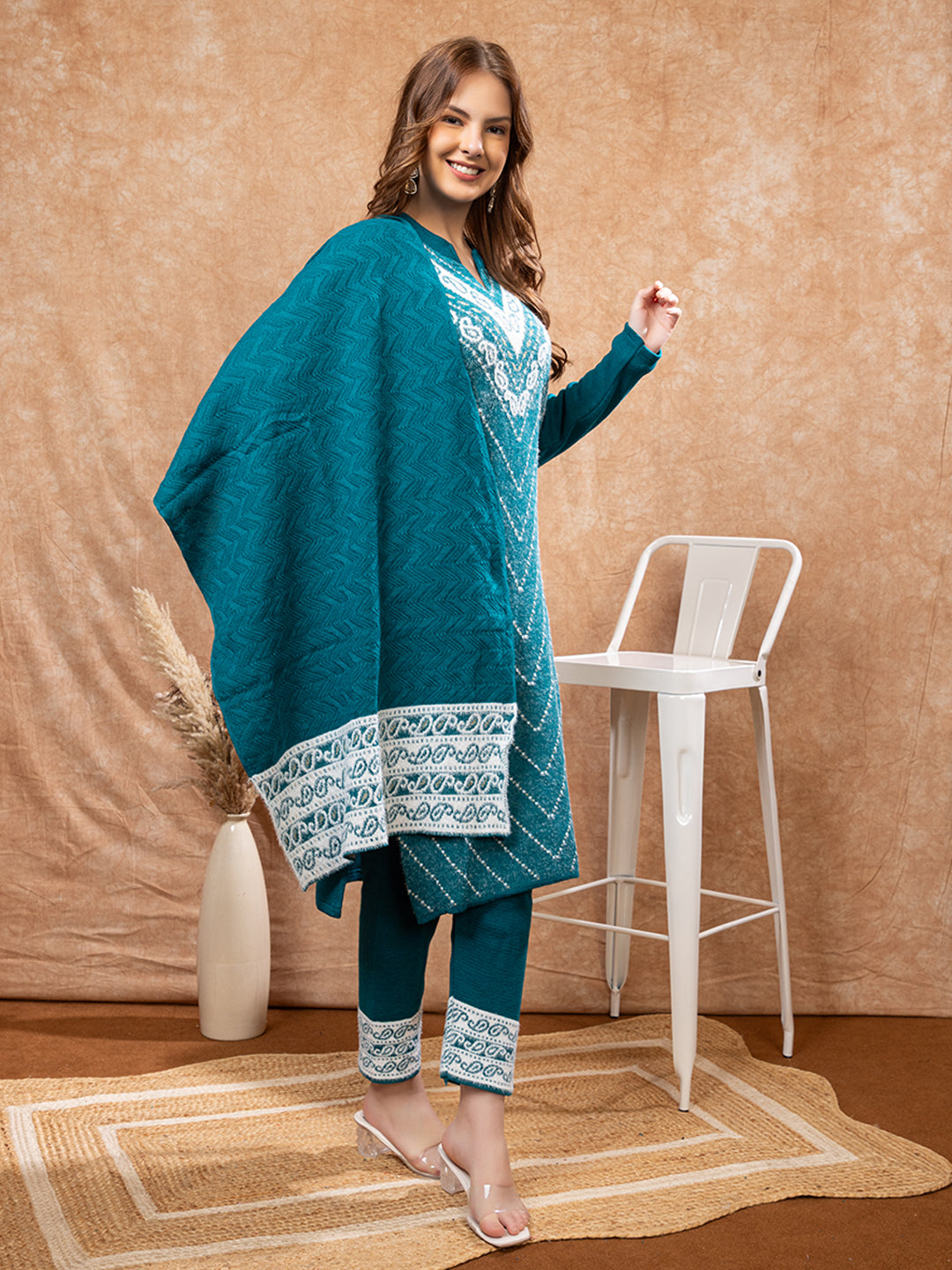 TYSORT Winter Woolen Anarkali Kurta Palazzo and Stole Set for Women