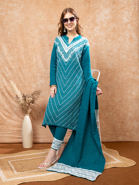 TYSORT Winter Woolen Anarkali Kurta Palazzo and Stole Set for Women