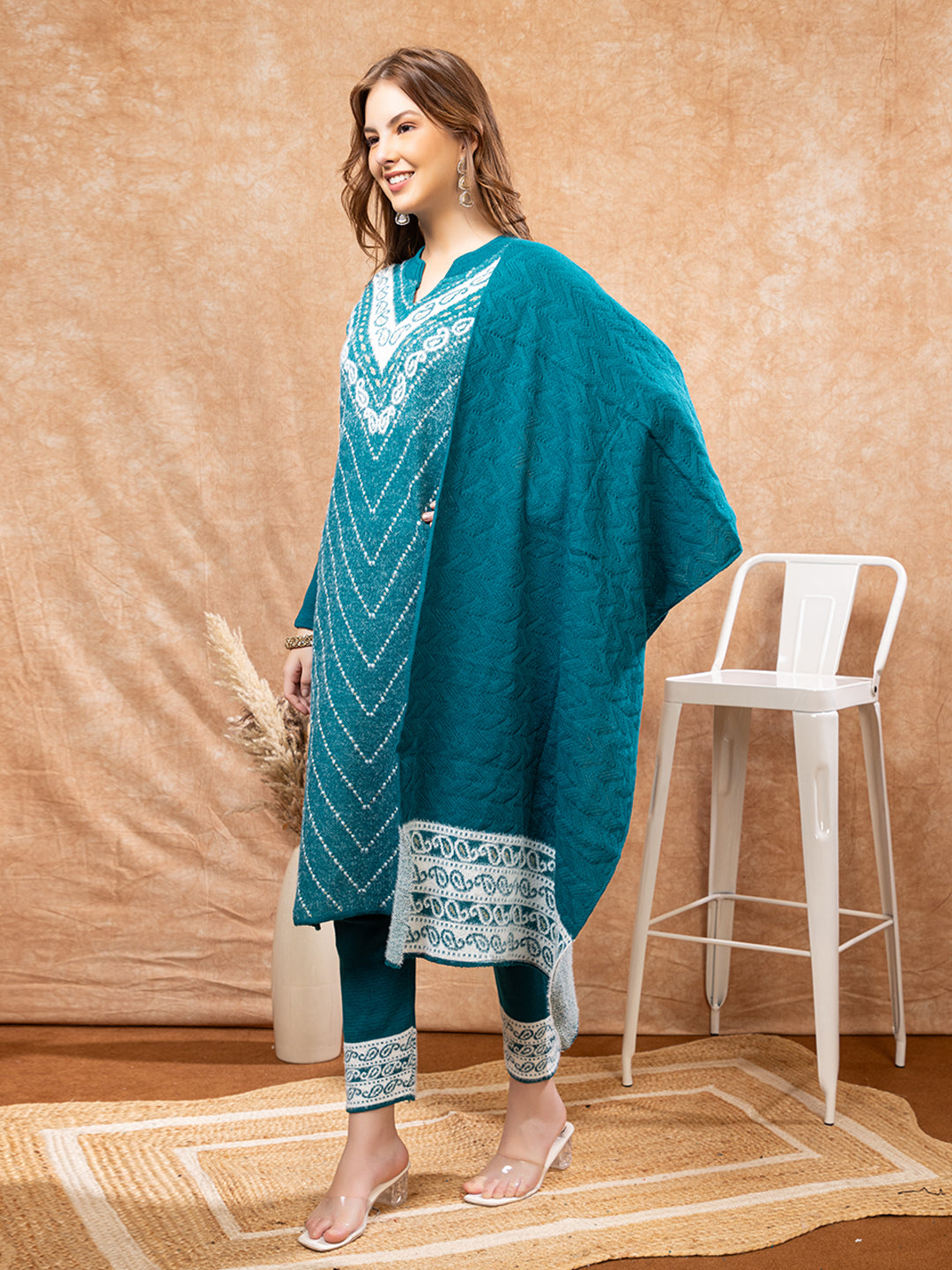 TYSORT Winter Woolen Anarkali Kurta Palazzo and Stole Set for Women