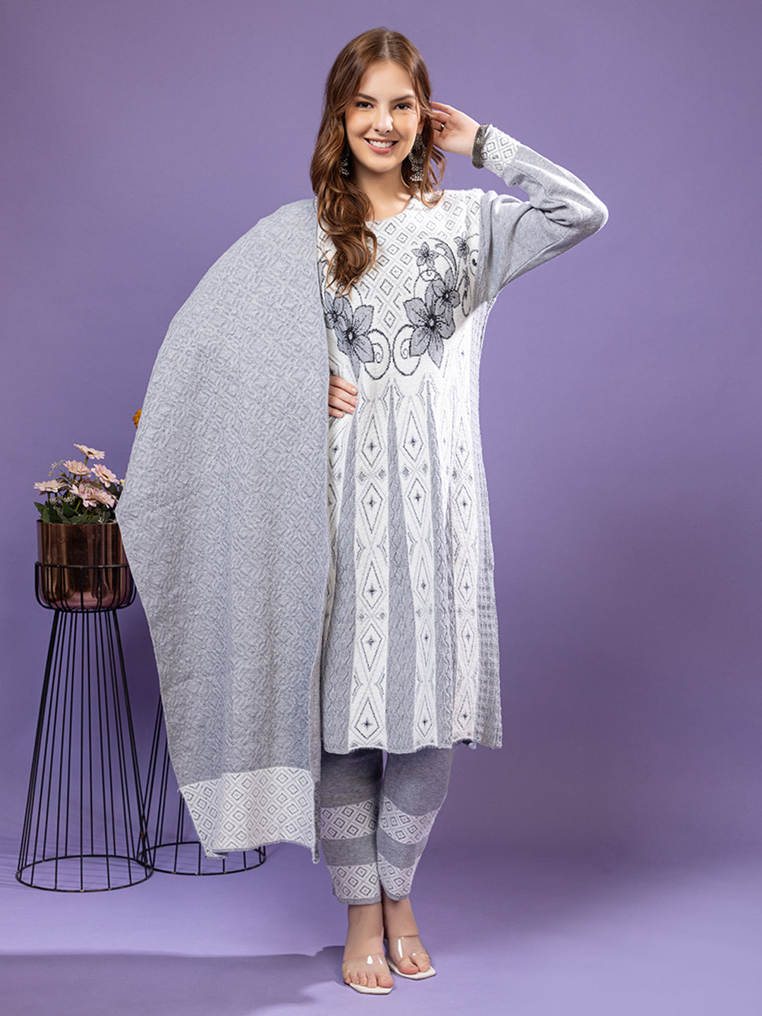 TYSORT Winter Woolen Anarkali Kurta Palazzo and Stole Set for Women