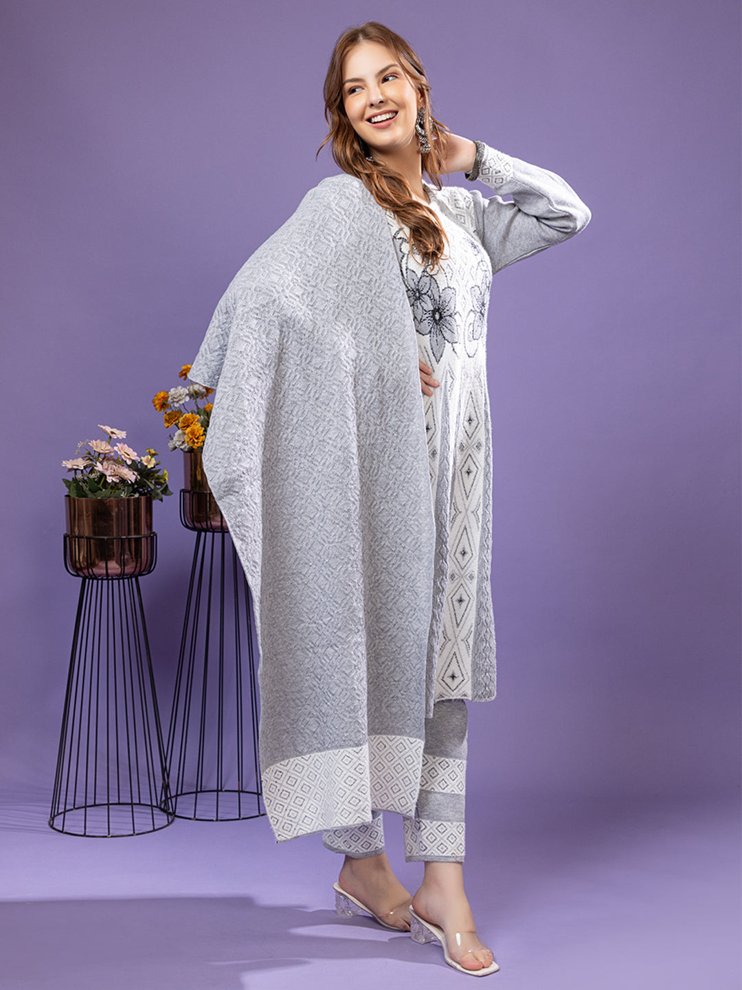 TYSORT Winter Woolen Anarkali Kurta Palazzo and Stole Set for Women