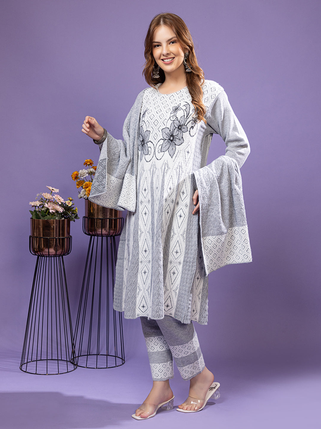 TYSORT Winter Woolen Anarkali Kurta Palazzo and Stole Set for Women