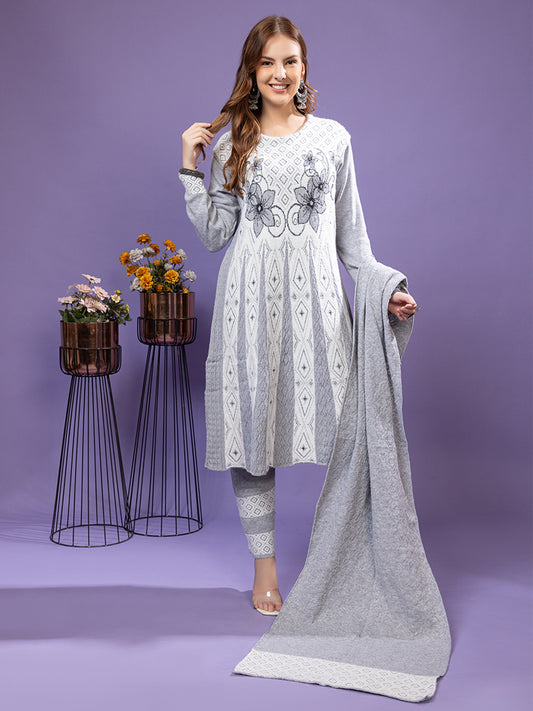 TYSORT Winter Woolen Anarkali Kurta Palazzo and Stole Set for Women