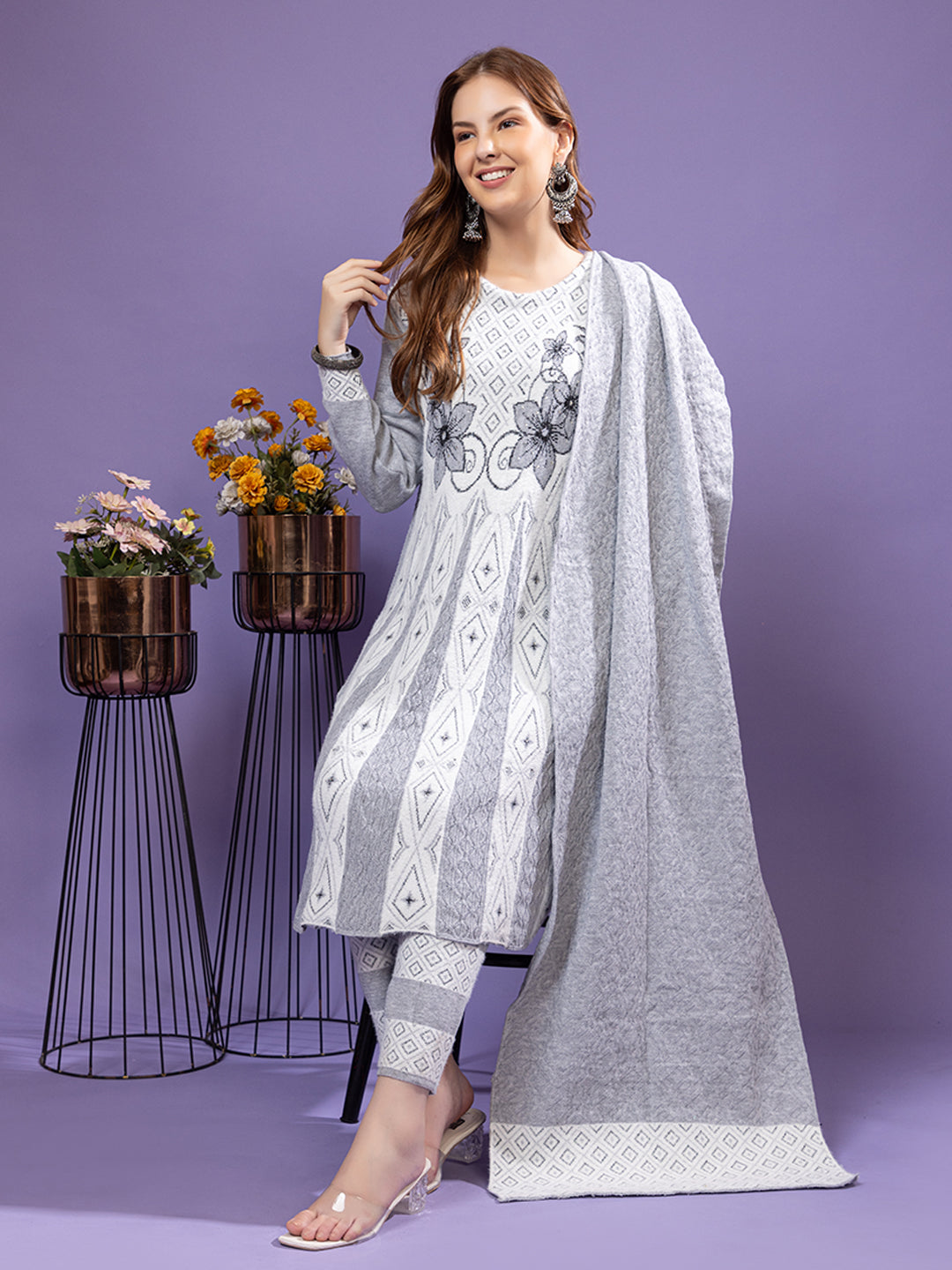 TYSORT Winter Woolen Anarkali Kurta Palazzo and Stole Set for Women