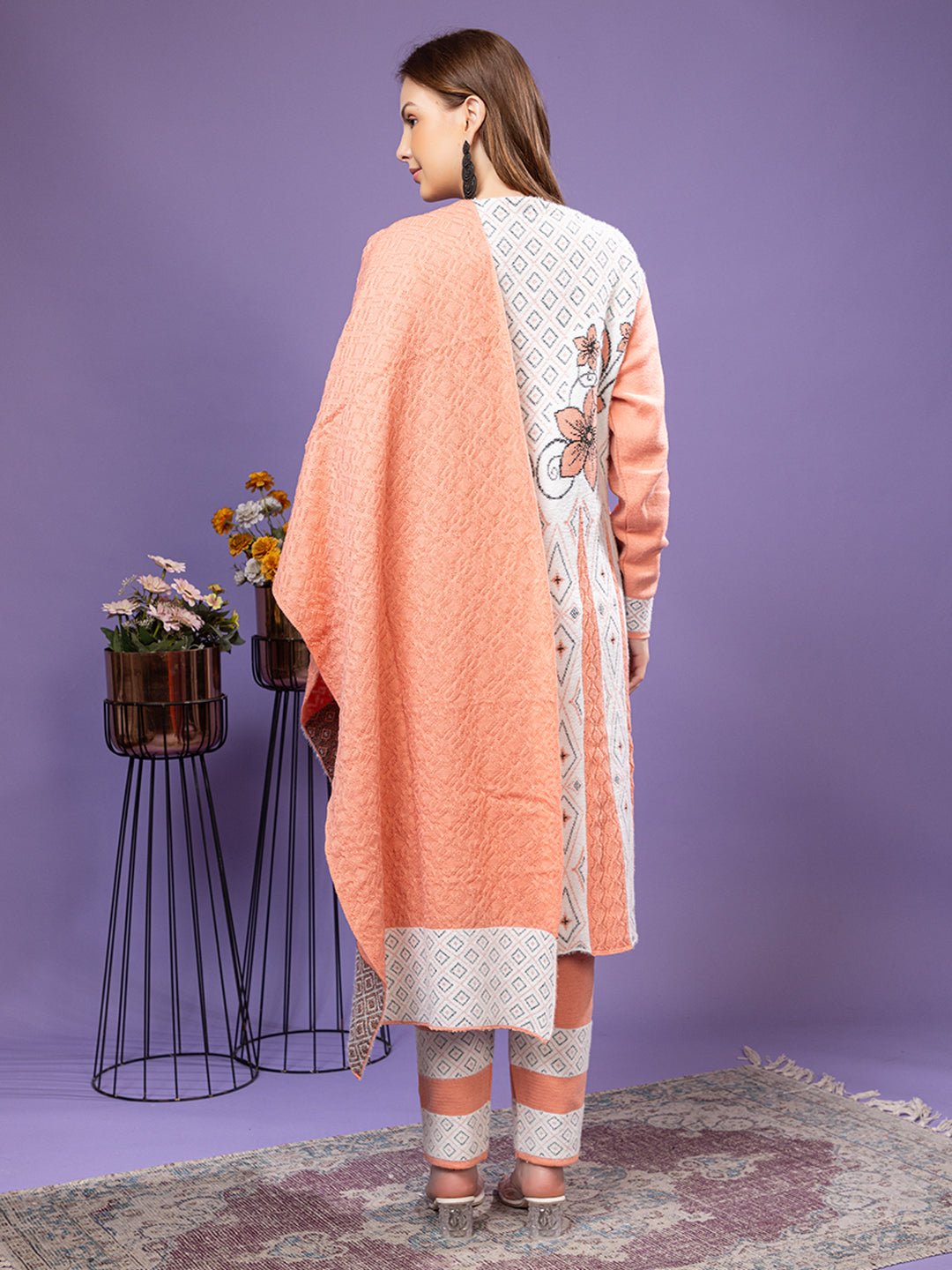 TYSORT Winter Woolen Anarkali Kurta Palazzo and Stole Set for Women