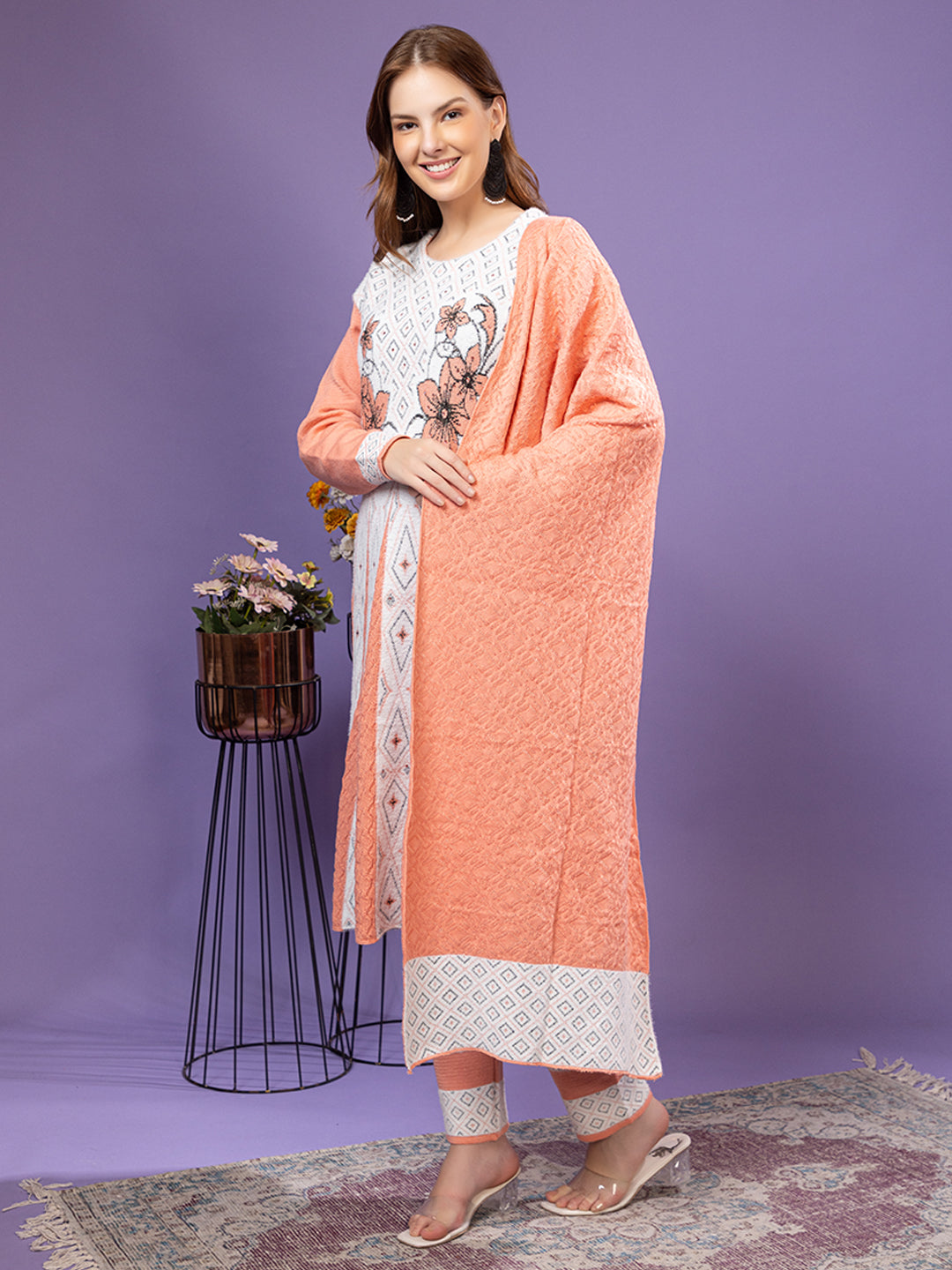TYSORT Winter Woolen Anarkali Kurta Palazzo and Stole Set for Women