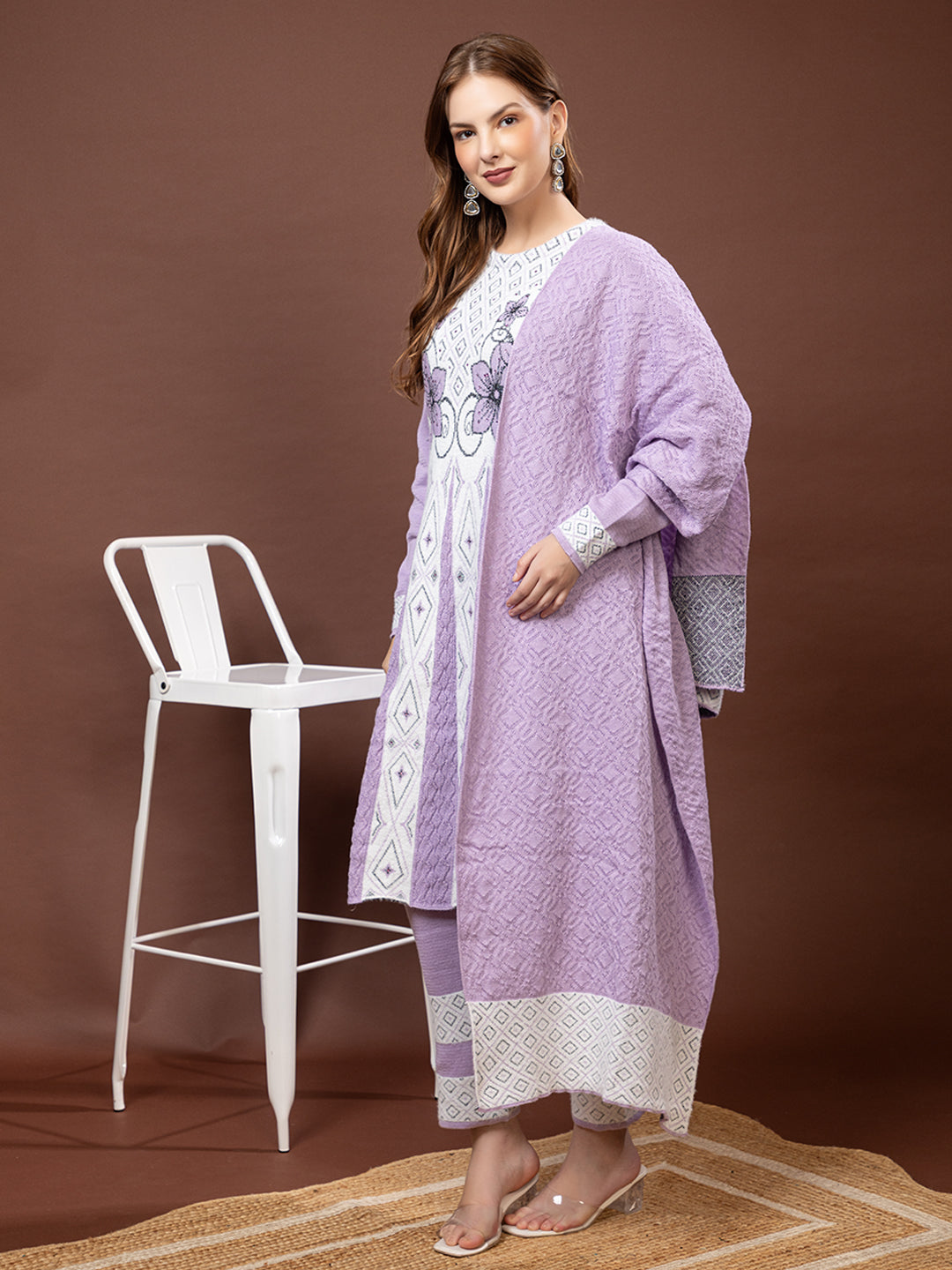TYSORT Winter Woolen Anarkali Kurta Palazzo and Stole Set for Women