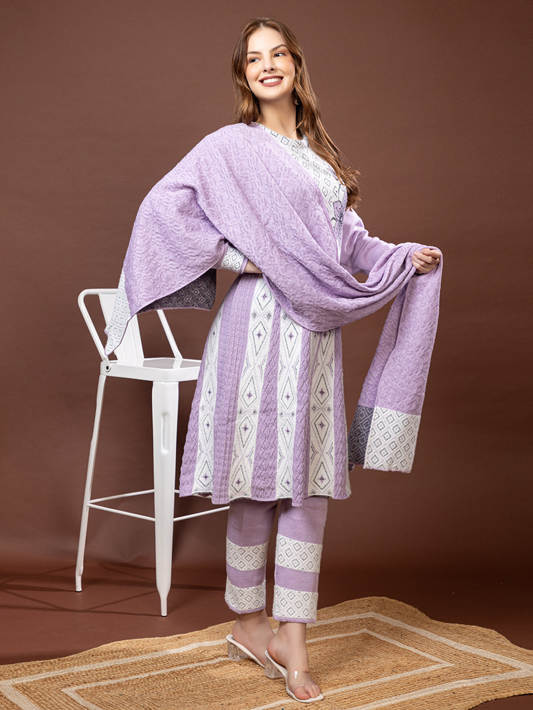 TYSORT Winter Woolen Anarkali Kurta Palazzo and Stole Set for Women