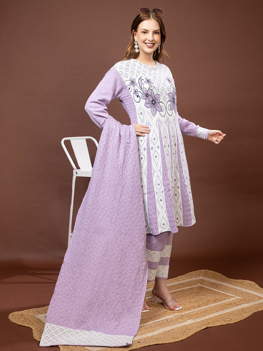 TYSORT Winter Woolen Anarkali Kurta Palazzo and Stole Set for Women