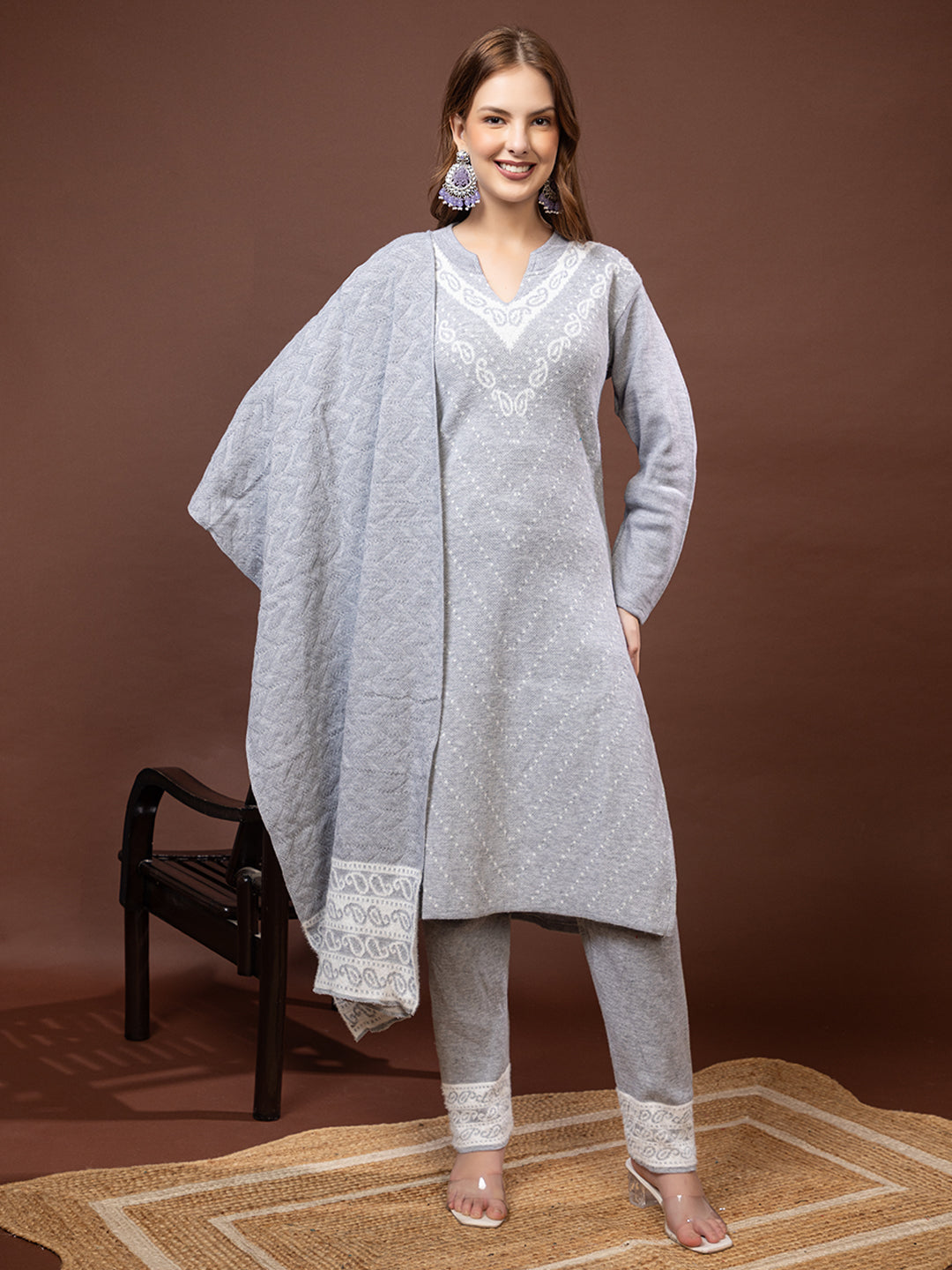 TYSORT Winter Woolen Anarkali Kurta Palazzo and Stole Set for Women