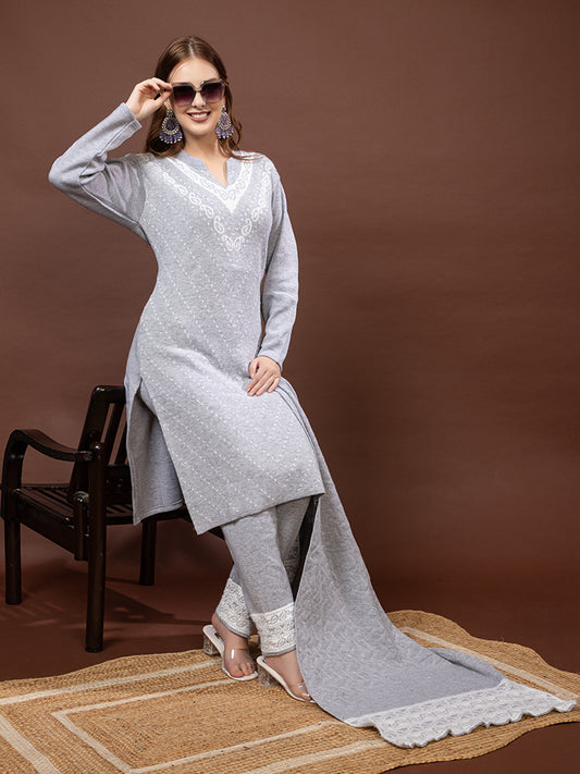 TYSORT Winter Woolen Anarkali Kurta Palazzo and Stole Set for Women