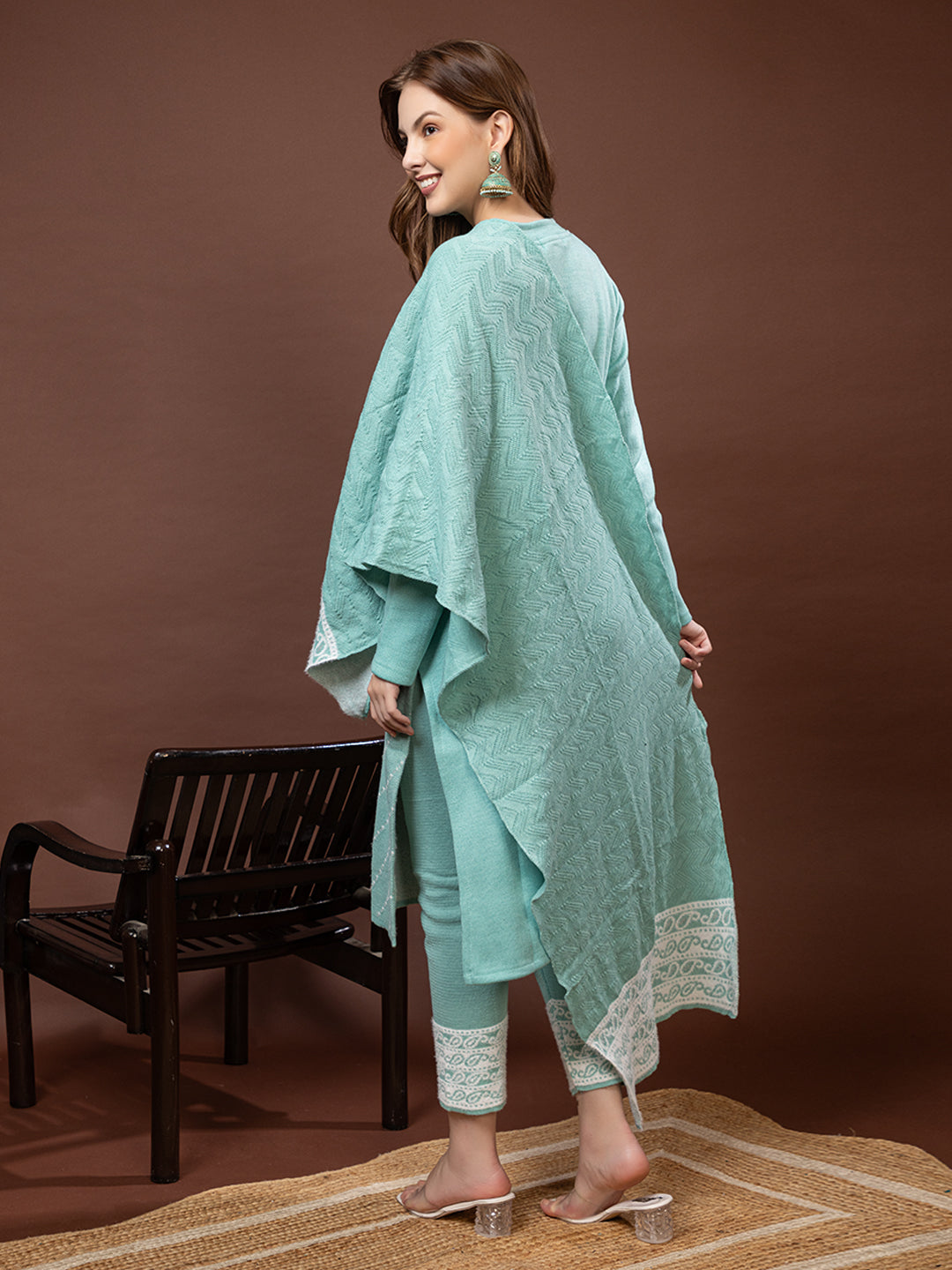 TYSORT Winter Woolen Anarkali Kurta Palazzo and Stole Set for Women